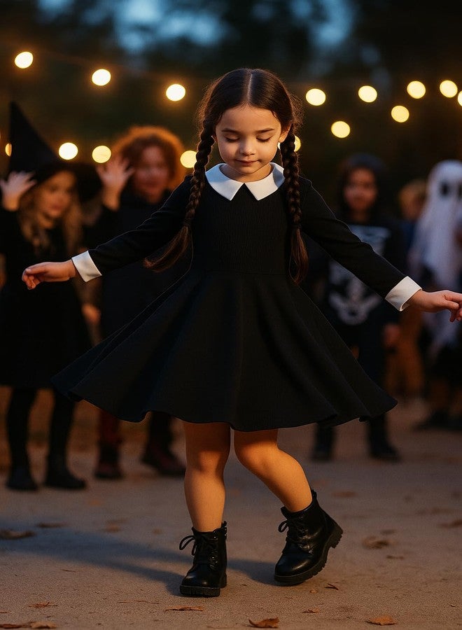 CQDY Girls Black Dress Kids Long Sleeve Vintage Peter Pan Collar T-Shirt Dress Halloween Costume Cosplay Outfit - Image 4